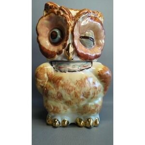 Vintage Shawnee Pottery Winking Owl Cookie Jar with Gold Trim Marked USA